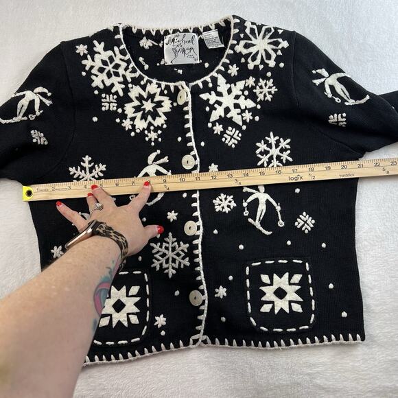 Vtg Michael Simon NYC Sz L Cardigan Sweater Snowflake Ski Black Embroidered 1995 - Picture 7 of 10
